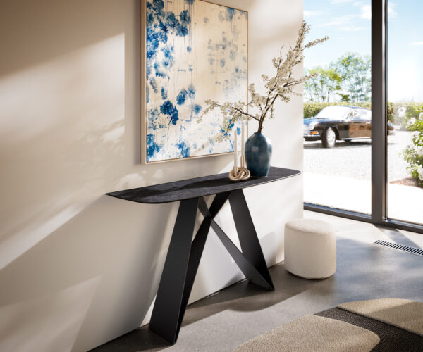 Konzolový stůl Edge oválný tvar 140×40 cm keramika Laminam® Nero Greco antracit Velio kov černá