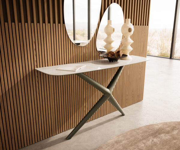 Konzolový stolík Edge zaoblený 140×40 cm keramika onyx šampanské Estelo kov titánová farba