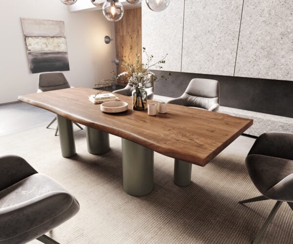 Jídelní stůl Edge 260x100 XL akácie hnědá pilíř kov titanová barva Live-Edge