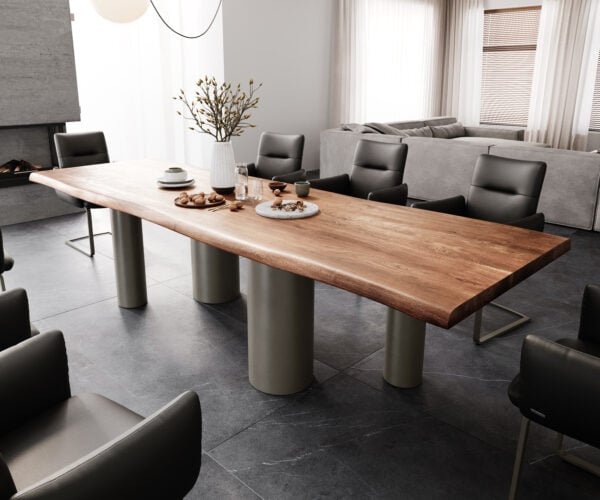 Jídelní stůl Edge 300x100 XL akácie hnědá pilíř kov titanová barva Live-Edge