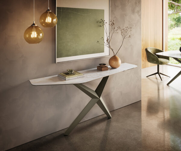 Konzolový stůl Edge polygonální 180×50 cm keramika Onyx Pearl Zentharo kov titanová barva