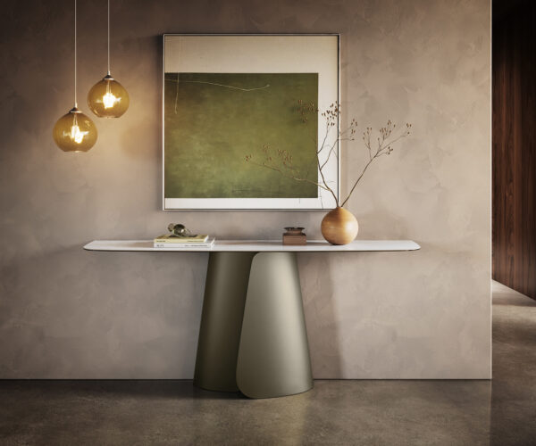 Konzolový stůl Edge oválný tvar 180×40 cm keramika Onyx Pearl Livos kov titanová barva