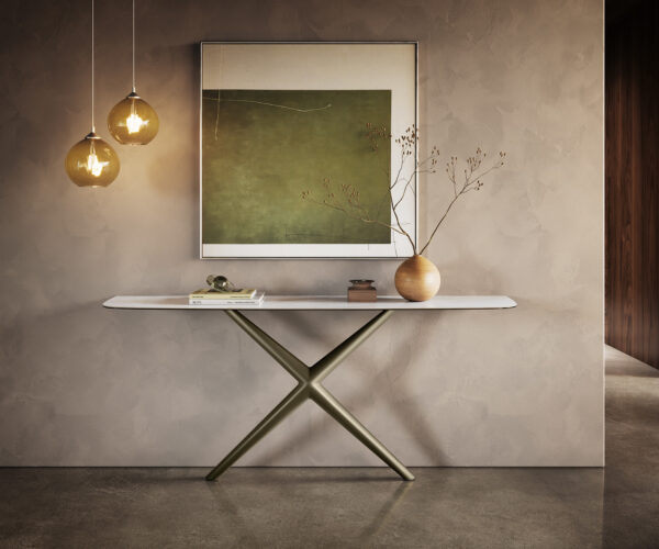 Konzolový stůl Edge oválný tvar 180×40 cm keramika Onyx Pearl Estelo kov titanová barva