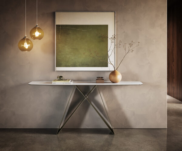 Konzolový stůl Edge oválný tvar 180×40 cm keramika Onyx Pearl Velio kov titanová barva