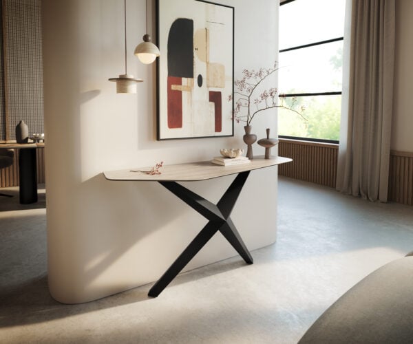 Konzolový stůl Edge polygonální 140×50 cm keramika Laminam® Travertino Bianco krémově bílá Zentharo kov černá