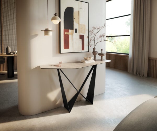 Konzolový stůl Edge polygonální 140×50 cm keramika Laminam® Travertino Bianco krémově bílá Spios kov černá