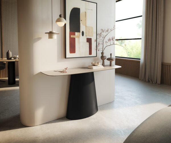 Konzolový stůl Edge Boot 140×40 cm keramika Laminam® Travertino Bianco krémově bílá kov černá