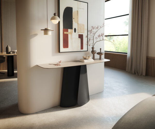 Konzolový stůl Edge oválný tvar 140×40 cm keramika Laminam® Travertino Bianco krémově bílá Livos kov černá