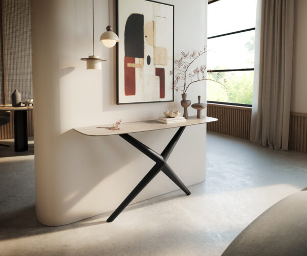 Konzolový stůl Edge oválný tvar 140×40 cm keramika Laminam® Travertino Bianco krémově bílá Estelo kov černá