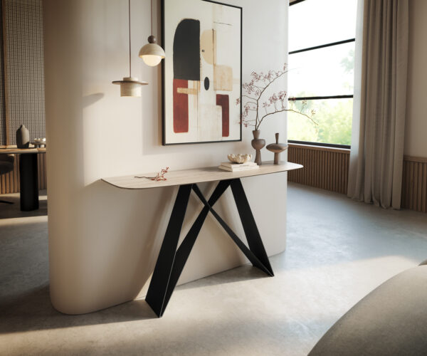 Konzolový stůl Edge oválný tvar 140×40 cm keramika Laminam® Travertino Bianco krémově bílá Velio kov černá