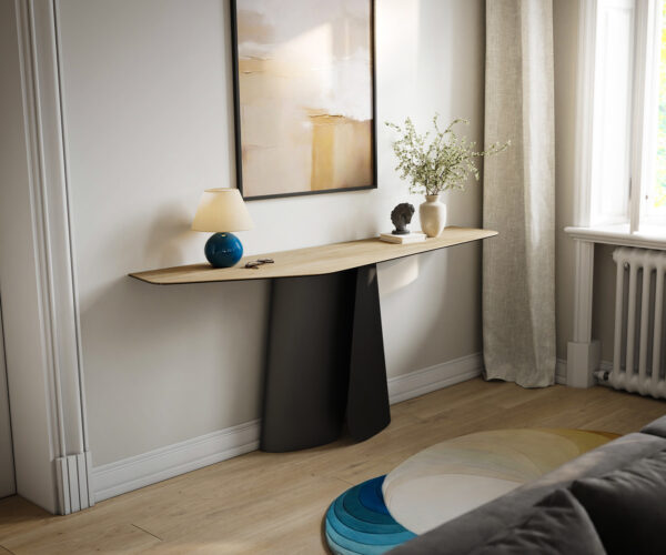 Konzolový stůl Edge polygonální 180×50 cm keramika Laminam® Sabbia dubová Livos kov černá