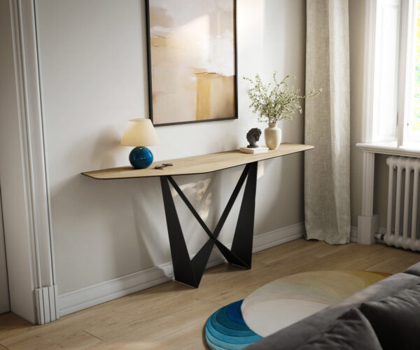 Konzolový stůl Edge polygonální 180×50 cm keramika Laminam® Sabbia dubová barva Spios kov černá