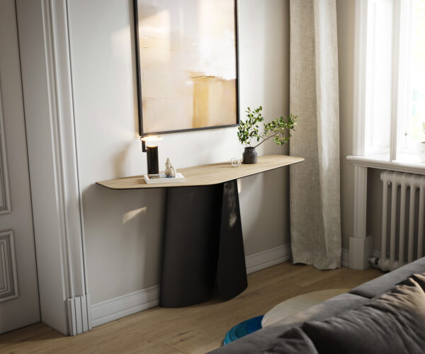 Konzolový stůl Edge polygonální 140×50 cm keramika Laminam® Sabbia dubová barva Livos kov černá