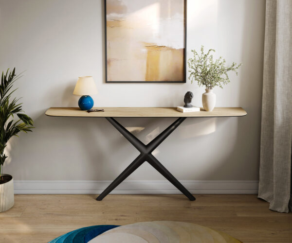 Konzolový stůl Edge oválný tvar 180×40 cm keramika Laminam® Sabbia dubová barva Estelo kov černá