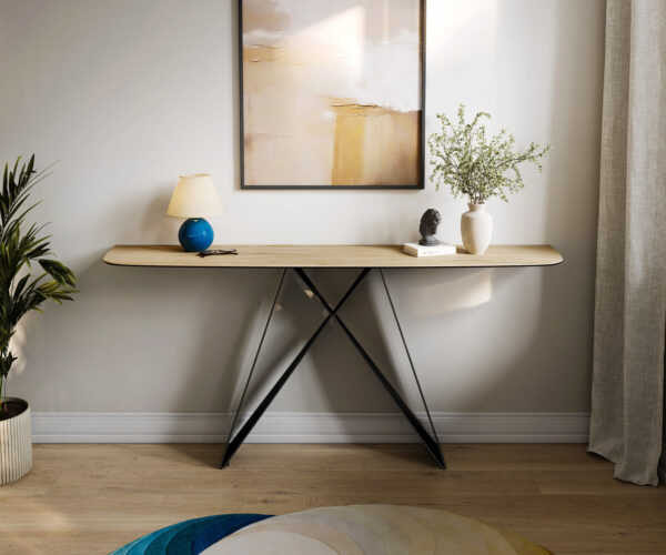 Konzolový stůl Edge oválný tvar 180×40 cm keramika Laminam® Sabbia dubová barva Velio kov černá