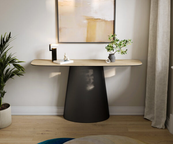 Konzolový stůl Edge oválný 140×40 cm keramika Laminam® Sabbia dubová barva kov černá