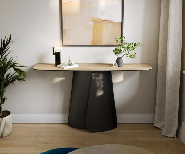 Konzolový stůl Edge oválný tvar 140×40 cm keramika Laminam® Sabbia dubová barva Livos kov černá