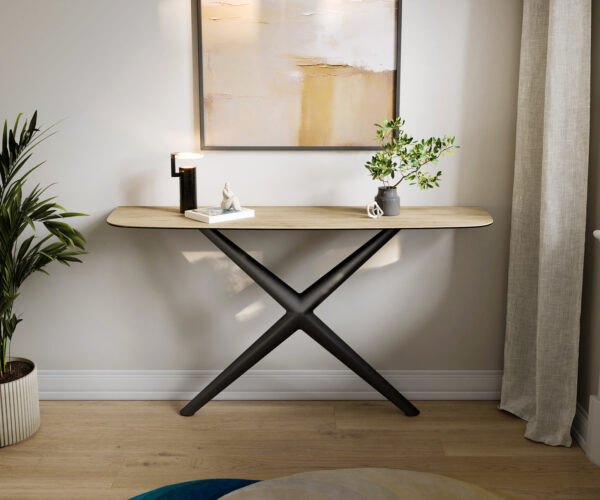 Konzolový stůl Edge oválný tvar 140×40 cm keramika Laminam® Sabbia dubová barva Estelo kov černá