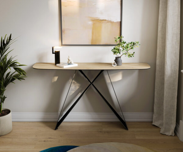 Konzolový stůl Edge oválný tvar 140×40 cm keramika Laminam® Sabbia dubová barva Velio kov černá