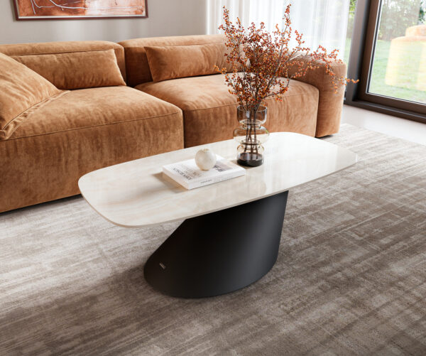Konferenční stolek Edge oválný tvar 100×50 cm keramika onyx champagne Conis kov černá