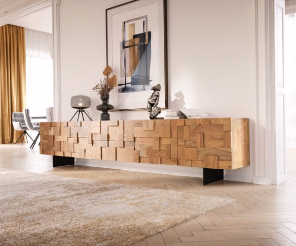 TV stolek Puzzle 260 cm 4 dvířka 2 zásuvkové přihrádky akácie přírodní podnož závěsná kov černá