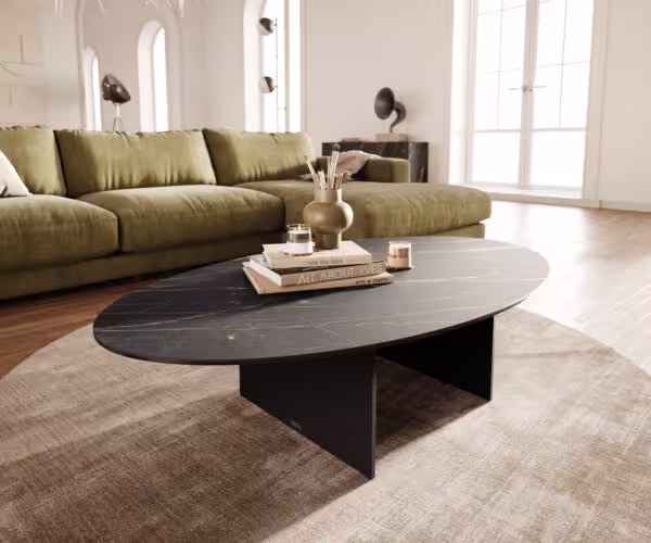 Konferenční stolek Edge oválný 140×80 cm keramika Laminam® Noir Desir hnědá Salto kov černá
