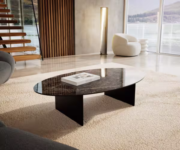 Konferenční stolek Edge oválný 140×80 cm keramika Emperador Extra Lucidato tmavě hnědá Salto kov černá