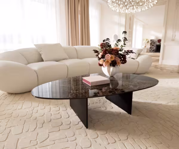 Konferenční stolek Edge oválný 140×75 cm keramika Emperador Extra Lucidato tmavě hnědá Salto kov černá