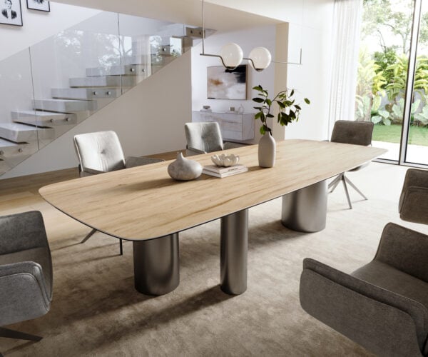 Jídelní stůl Edge Boot 300×120 cm keramika Laminam® Sabbia dubová Troa nerezová ocel grafitová