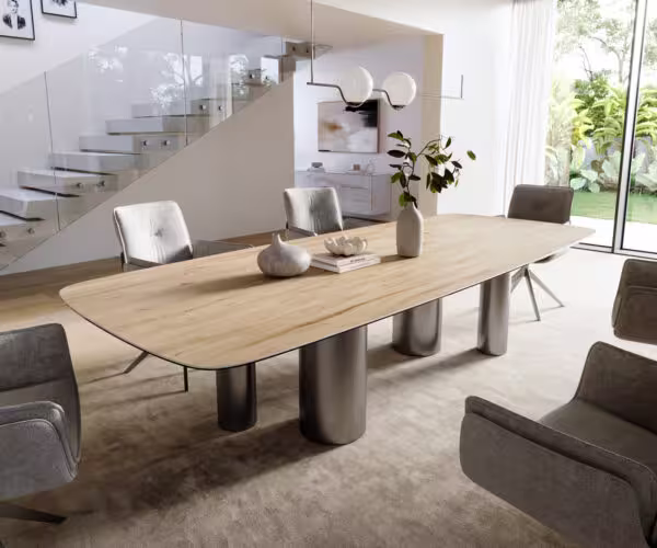Jídelní stůl Edge Boot 300×120 cm keramika Laminam® Sabbia dubová podnož nerezová ocel grafitová