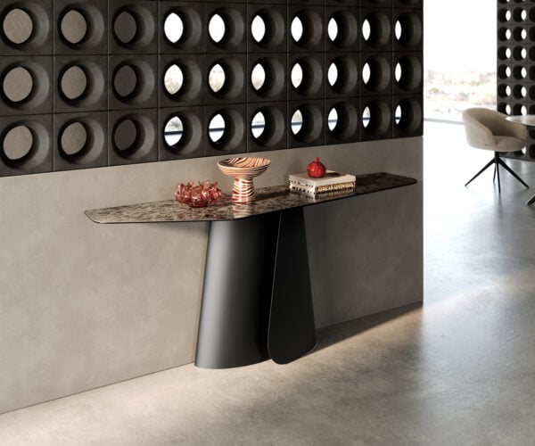 Konzolový stůl Edge polygonální 180×50 cm keramika Emperador Extra Lucidato tmavě hnědá Livos kov černá