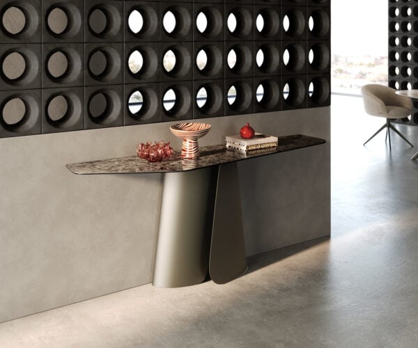 Konzolový stůl Edge polygonální 180×50 cm keramika Emperador extra leštěná tmavě hnědá Livos kov titanová barva