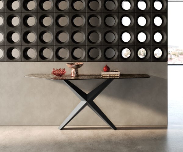 Konzolový stůl Edge polygonální 180×50 cm keramika Emperador extra leštěná tmavě hnědá Zentharo kov černý