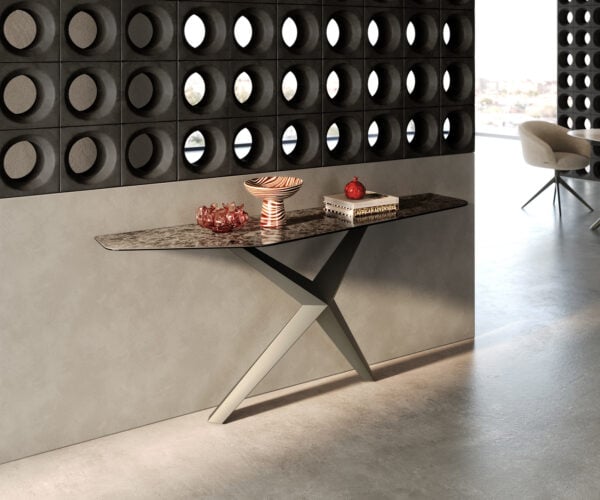 Konzolový stůl Edge polygonální 180×50 cm keramika Emperador Extra Lucidato tmavě hnědá Zentharo kov titanová barva