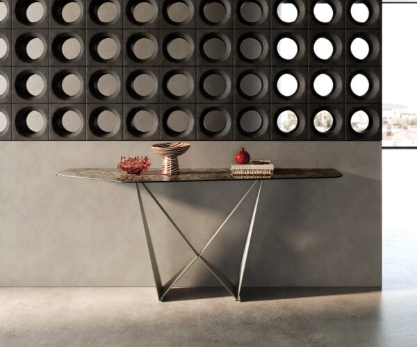 Konzolový stůl Edge polygonální 180×50 cm keramika Emperador Extra Lucidato tmavě hnědá Spios kov titanová barva
