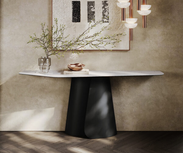 Konzolový stůl Edge polygonální 180×50 cm keramika Laminam® Statuarietto bílá Livos kov černá