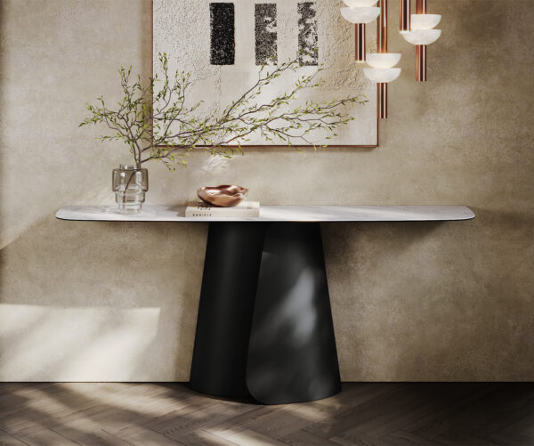 Konzolový stůl Edge oválný tvar 180×40 cm keramika Laminam® Statuarietto bílá Livos kov černá