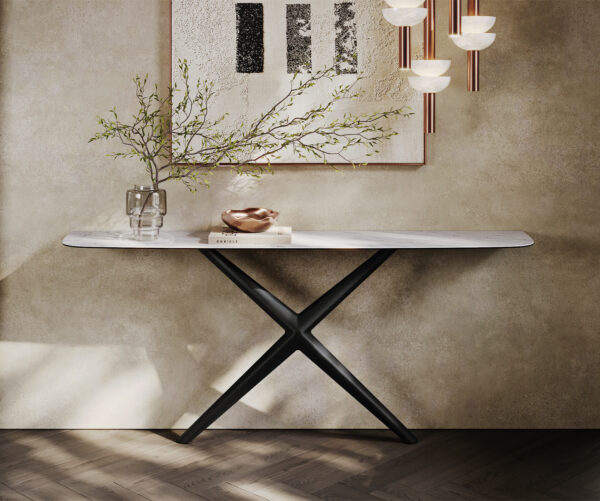 Konzolový stůl Edge oválný tvar 180×40 cm keramika Laminam® Statuarietto bílá Estelo kov černá