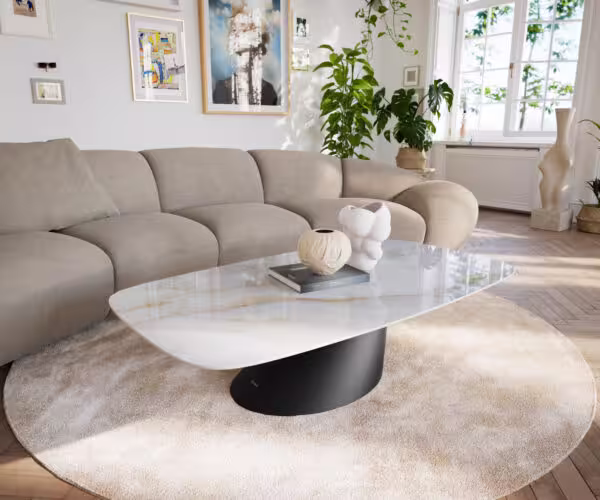 Konferenční stolek Edge oválný tvar 140×80 cm keramika Onyx Pearl Salto kov černá