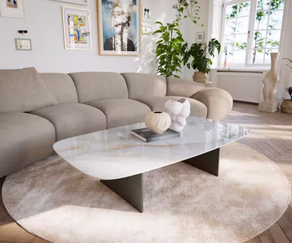 Konferenční stolek Edge oválný tvar 140×80 cm keramika Onyx Pearl Salto kov titanová barva
