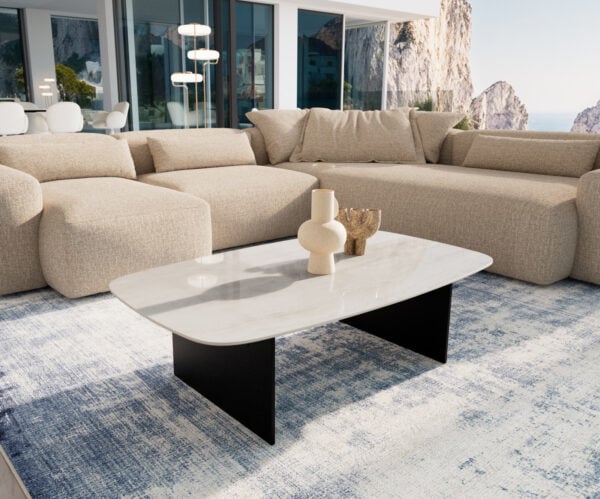 Konferenční stolek Edge oválný tvar 120×70 cm keramika onyx champagne Salto kov černá