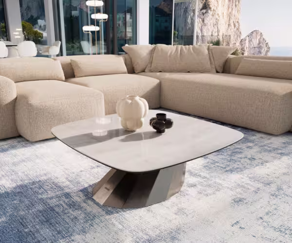 Konferenční stolek Edge oválný tvar 90×90 cm keramika onyx champagne Parabi nerezová ocel broušená