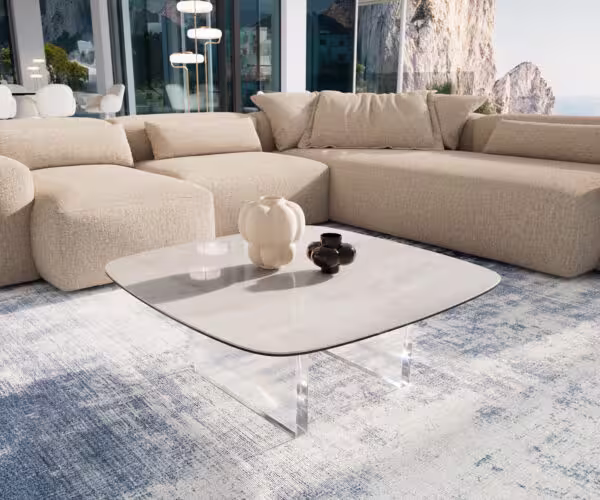Konferenční stolek Edge oválný tvar 90×90 cm keramika onyx champagne Lumia akryl