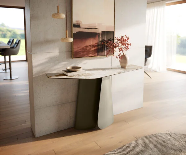 Konzolasztal Edge poligonális 140x50 cm kerámia Minas melange fehér-bézs Livos fém titán effekt finish