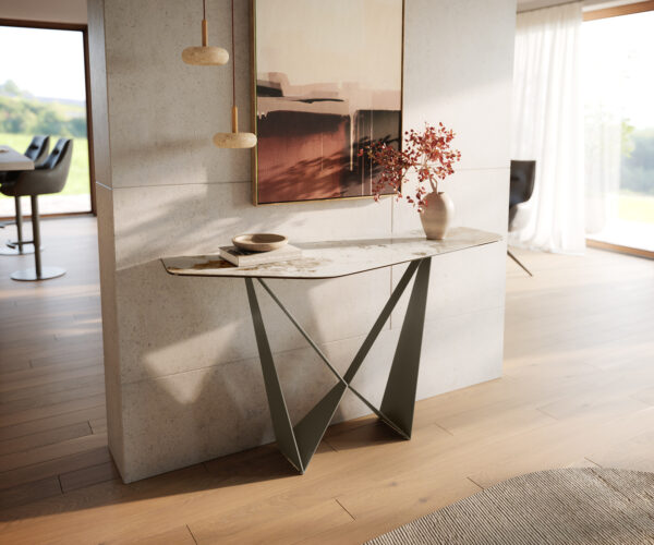 Konzolasztal Edge poligonális 140x50 cm kerámia Minas melange fehér-bézs Spios fém titán színű effekt finish
