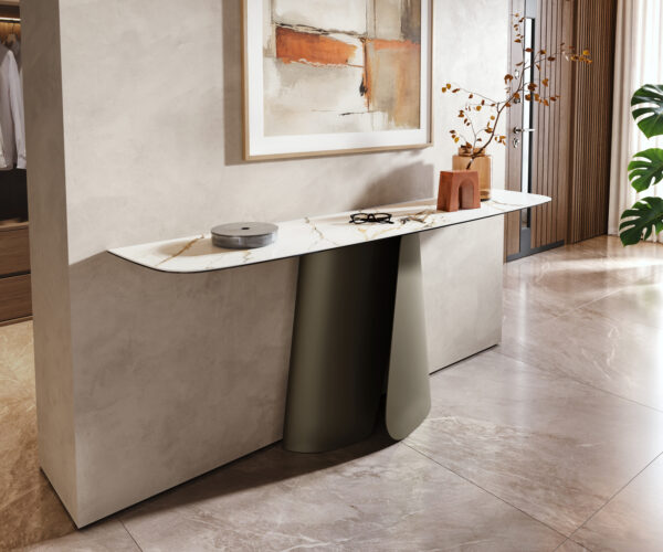 Konzolasztal Edge hajóformájú 180x40 cm kerámia Calacatta Luxe fehér arany szürke Livos fém titán színű effekt finish