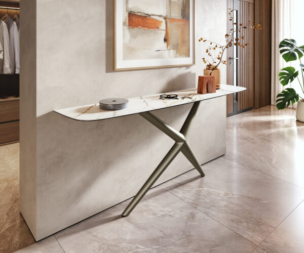 Konzolasztal Edge hajóformájú 180x40 cm kerámia calacatta luxe fehér arany szürke Estelo fém titán színű hatású