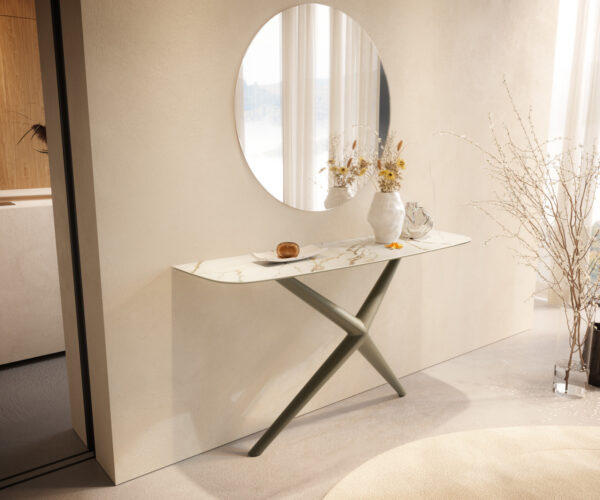 Konzolasztal Edge hajóformájú 140x40 cm kerámia Calacatta Luxe fehér arany szürke Estelo fém titán színű hatású