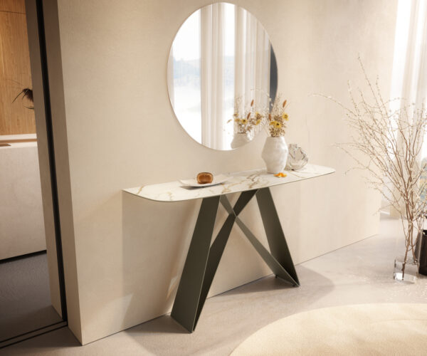 Konzolasztal Edge hajóformájú 140x40 cm kerámia calacatta luxe fehér arany szürke Velio fém titán színű hatás