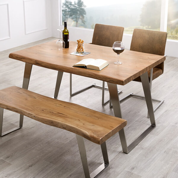 Jídelní stůl Edge 140×90 XL Akácie přírodní Sloping nepravidelná hrana z nerezové oceli